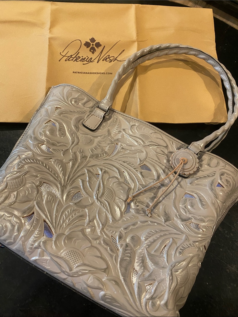 NWOT Patricia Nash Silver Floral Embossed Leather Tote with Braided Handles
